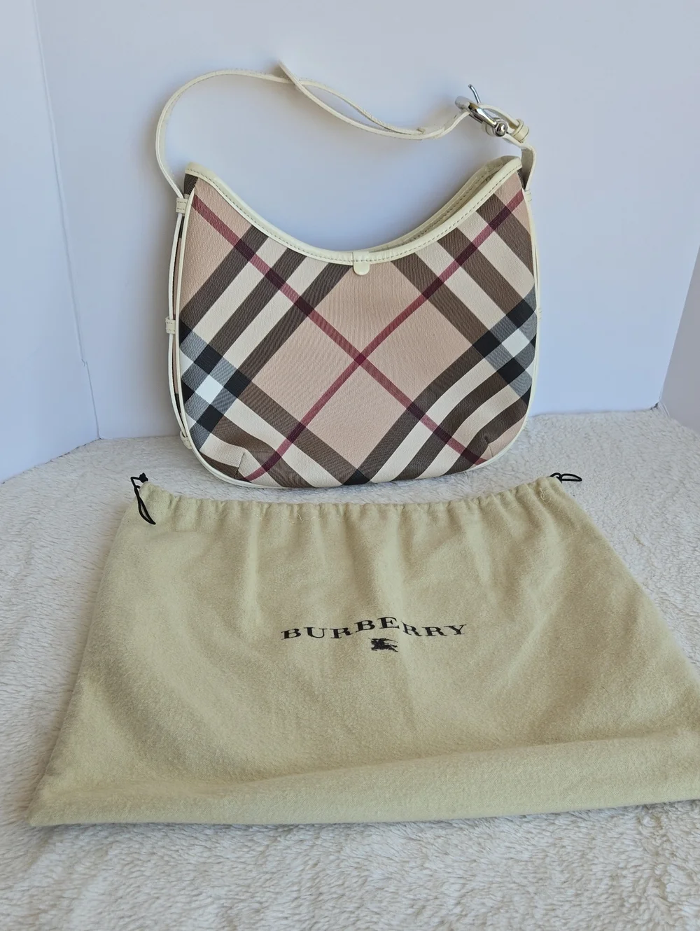 BURBERRY Vintage House Check White Leather Hobo Shoulder Bag with Dust Bag